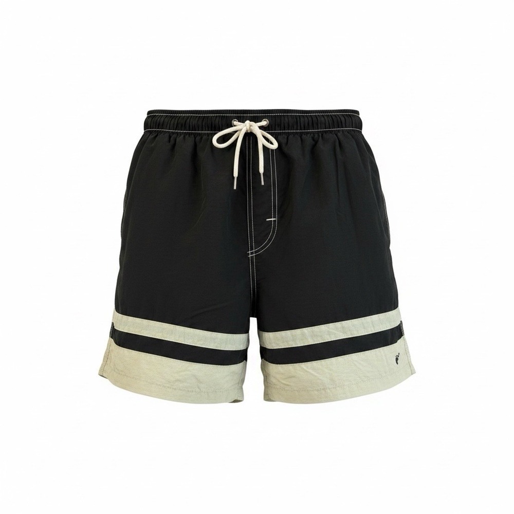 Hang Ten Swim Trunks Mens Medium Black Tan Colorblock Mesh Lined Elastic Waist